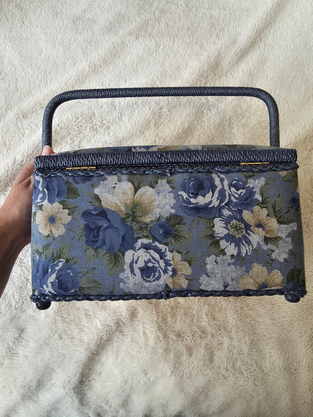 Floral Blue Fabric Handled Sewing Basket